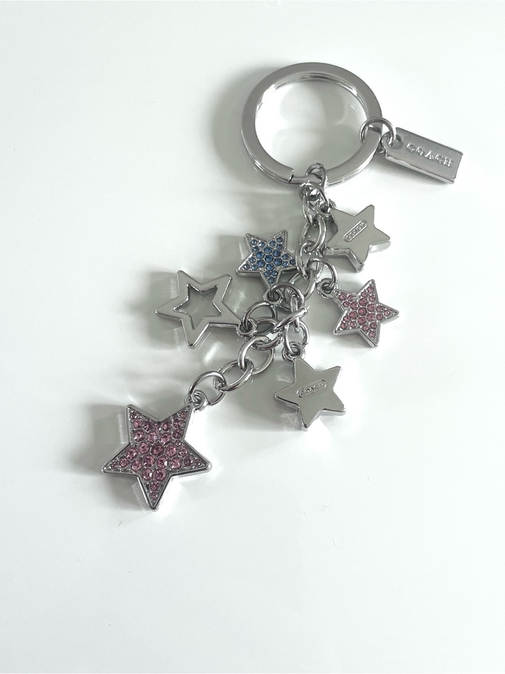 Coach Silver Star Charm Key & Card Holder with Pink and Blue Crystal Accents